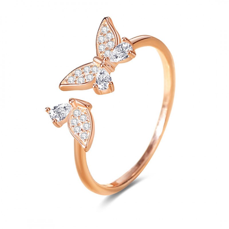 Butterfly Ring with Zircon Inlay, Open Adjustable Finger Ring, Niche